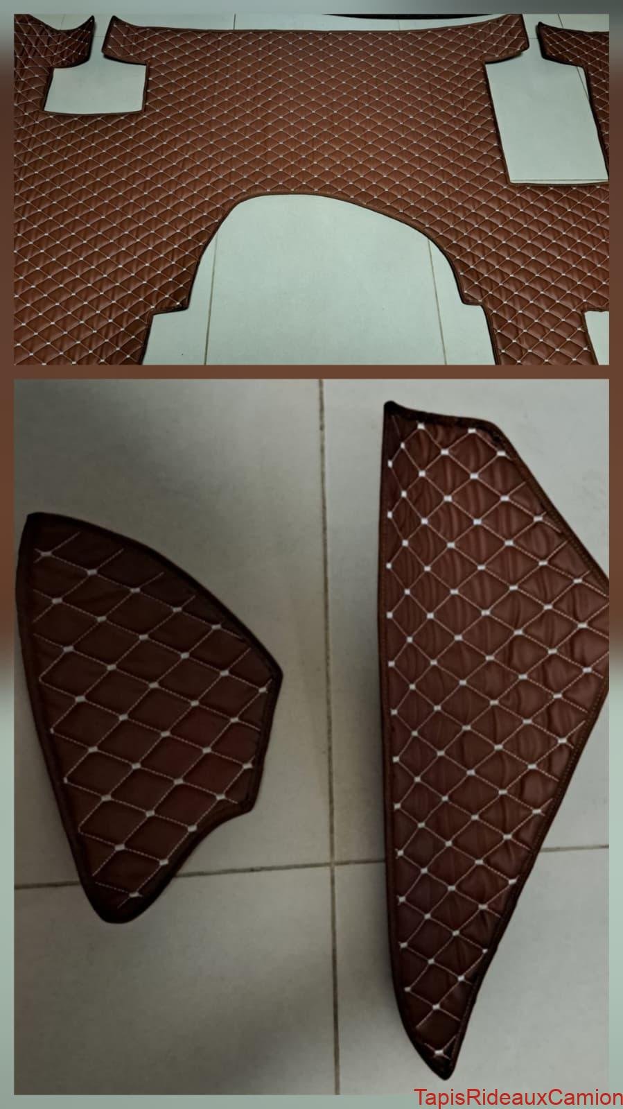 Ensemble complet de tapis de sol sur mesure en similicuir marron avec surpiqûres en losanges blanches pour l'intérieur d'une cabine de camion MERCEDES