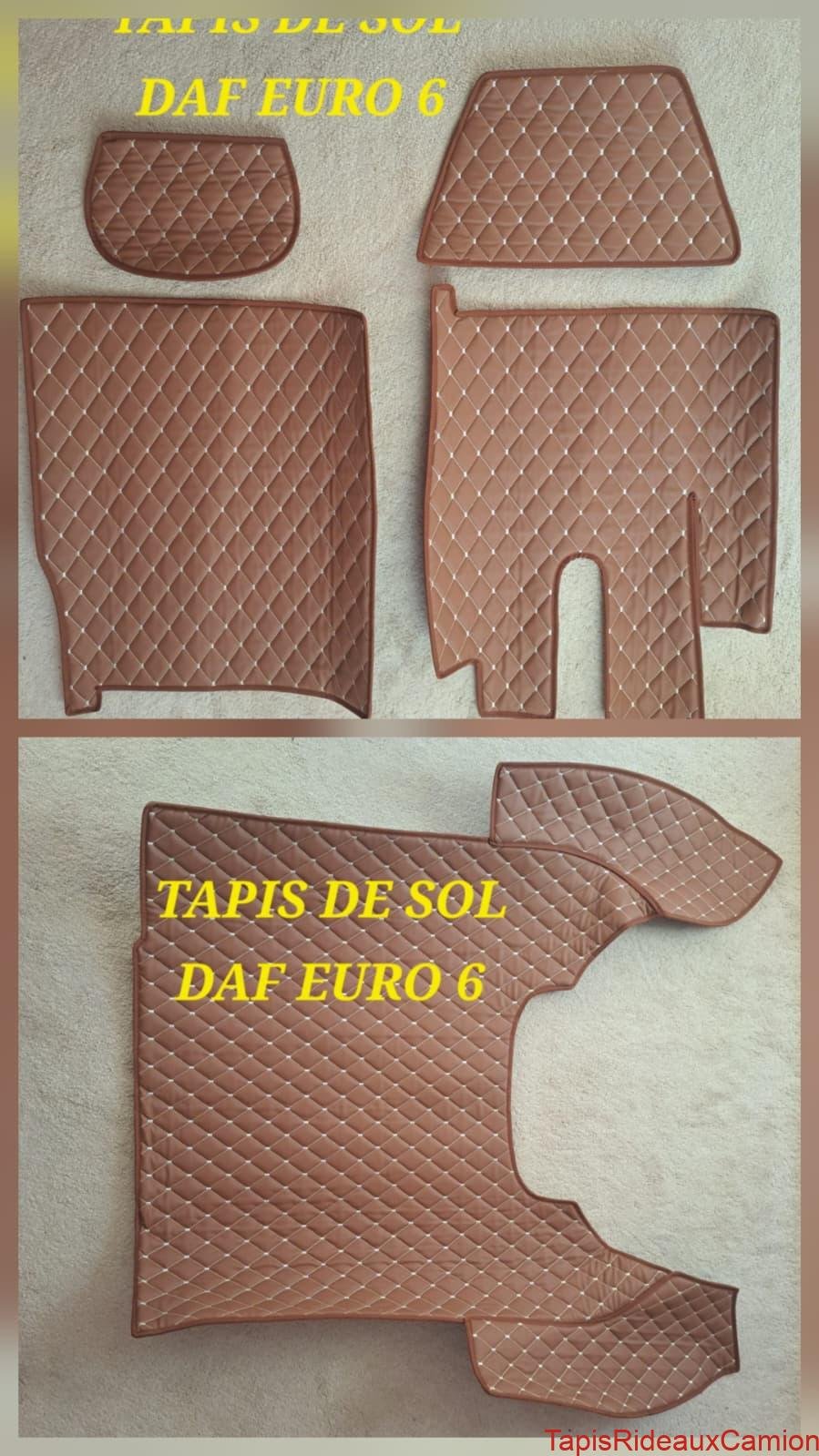 Ensemble complet de tapis de sol sur mesure en simili-cuir marron avec surpiqûres en losanges blanches pour cabine de camion DAF Euro 6.